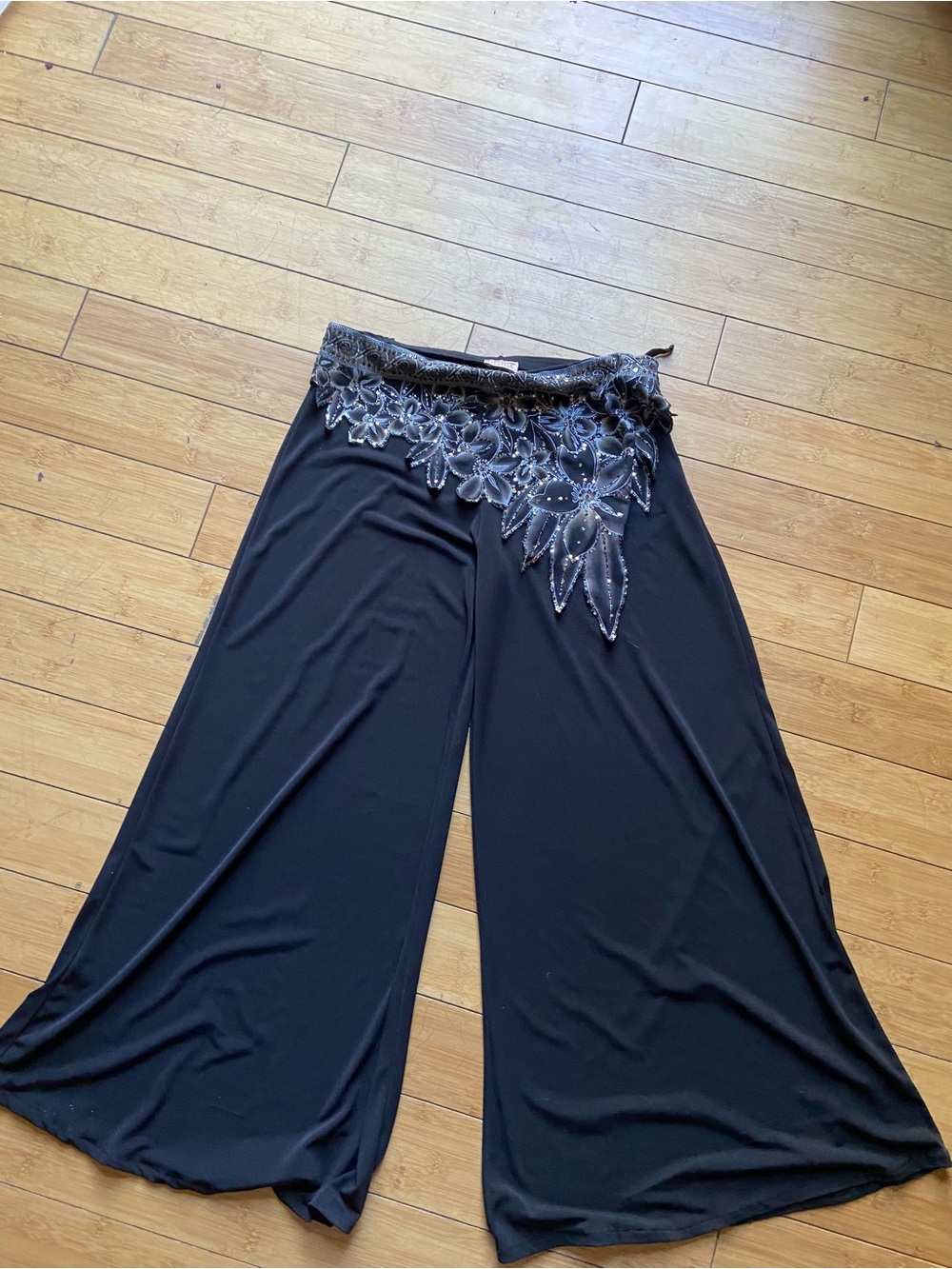 Lipstick Boutique Black Wide-Leg Palazzo Pants with Beaded Floral Waist